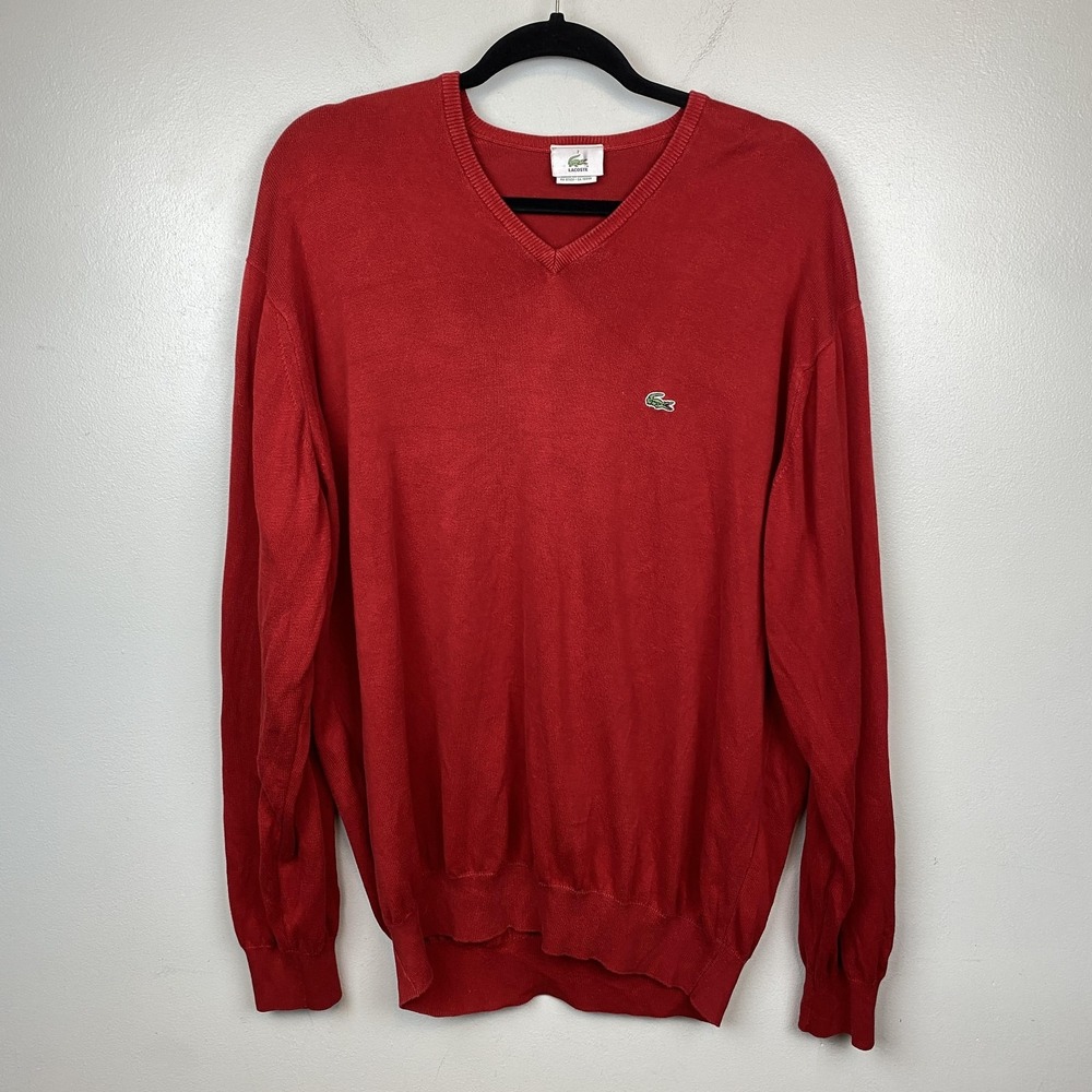 Lacoste‎ Sweater Mens 2XL Red V Neck Pullover Knit Crocodile Logo Made in France